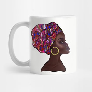 Afro queen With pink Kinte headwrap- Mahagony brown skin girl with thick glorious, curly Afro Hair and gold hoop earrings Mug